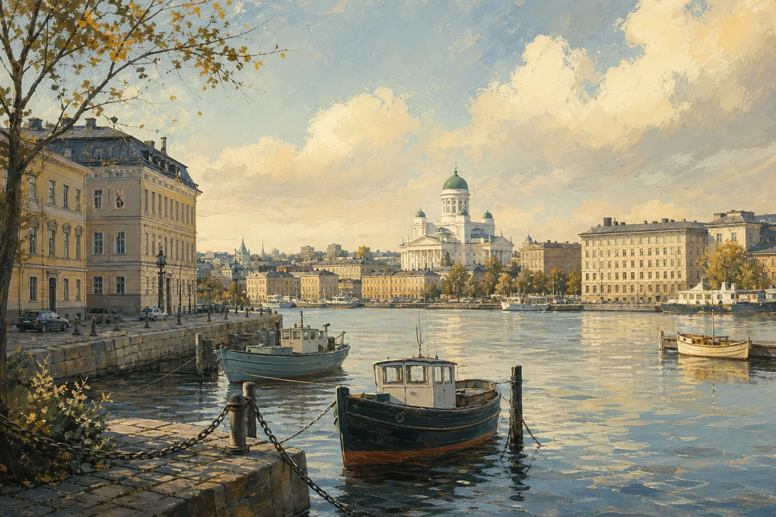 Toimituksellinen maalauskuvitus Helsingin inspiroimasta satamamaisemasta
